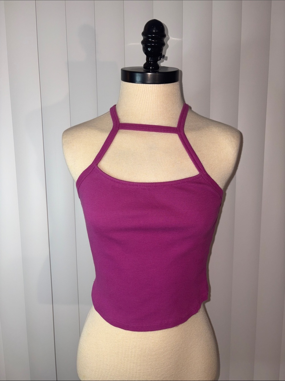 Zara Ribbed Halter Neck Keyhole Crop Top Magenta Pink Large